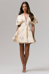 Delight | Lemon Print Plunge-Neck Ruffled Mini Dress